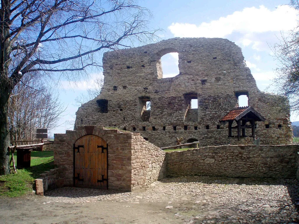 Burgruine Stapelburg mit Zugang zum restaurierten Keller der Burg und Brunnenüberdachung