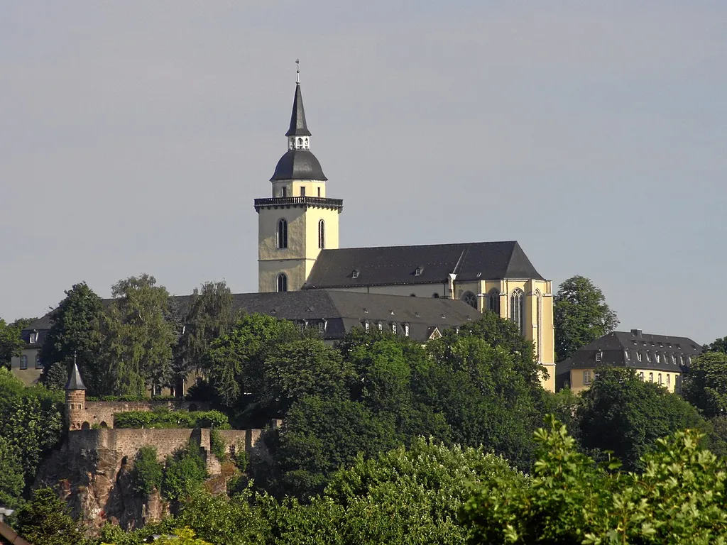 Siegburg, Germany. Michaelsberg abby, exterior view from South-East.