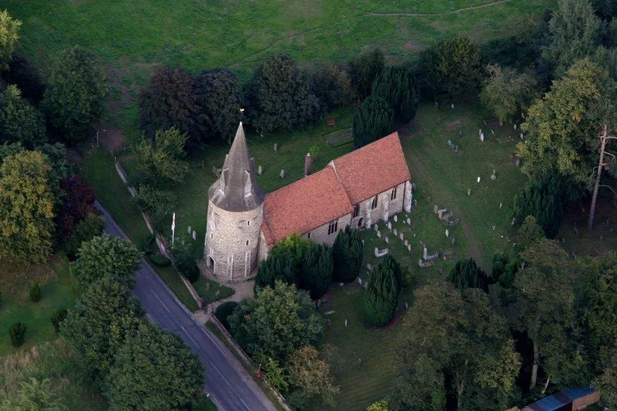 St Mary the Virgin parish church, Boreham Road, Great Leighs, Essex, seen from the air. One of a small number of churches in Essex that have round towers.