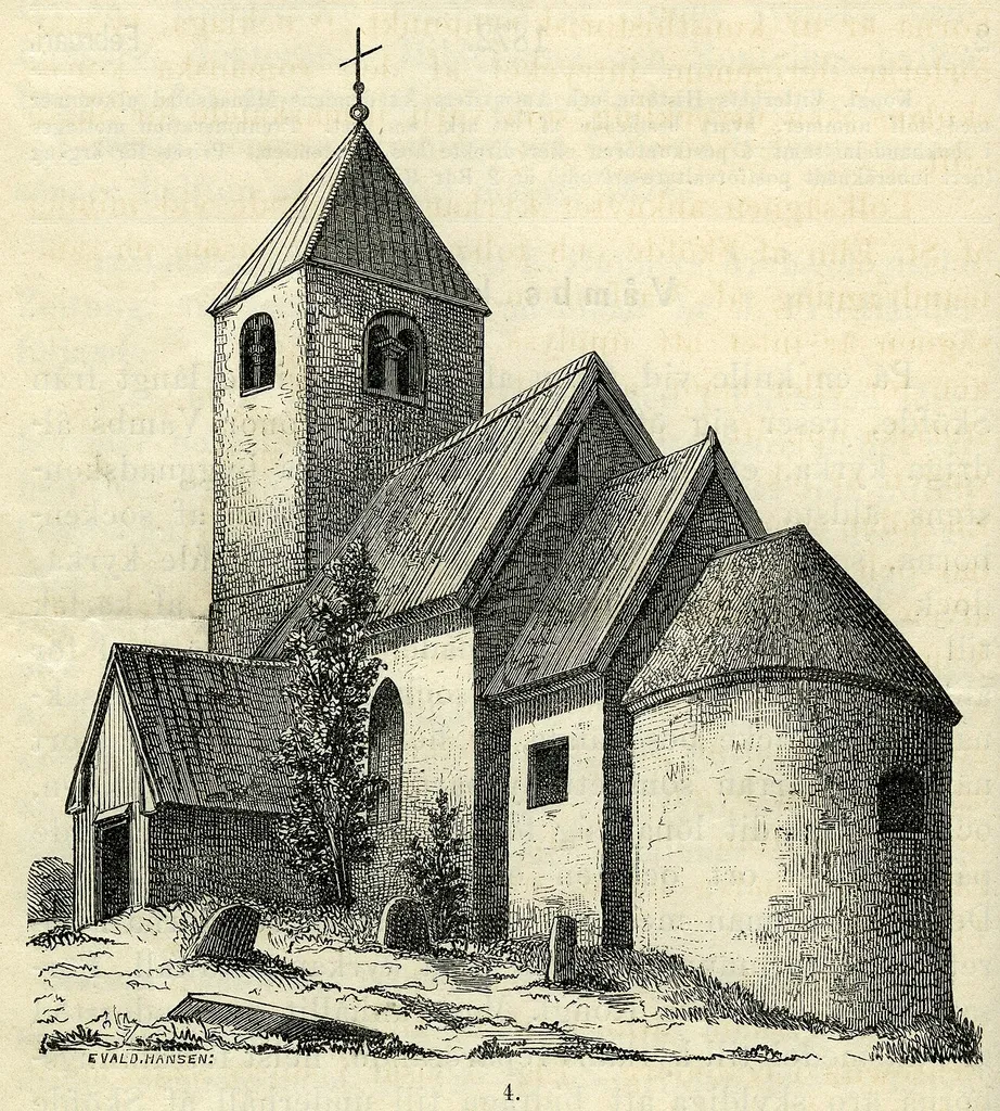 Exterior of Våmb church in Våmb parish, Kåkind hundred, Skövde municipality, former Skaraborg county, the Diocese of Skara, Västergötland, Västra götaland county, Sweden. Woodcut by Evald Hansen from Kongl. Vitterhets Historie och Antiqvitets Akademiens Månadsblad 1872 page 18 figure 4.