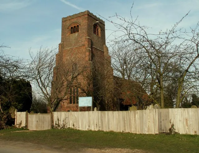 St. Nicholas' church, Tolleshunt Major, Essex. A rather large brick tower for a fairly small church. The tower was built by Stephen Beckingham of Beckingham Hall, standing close by, around 1540-5. This is a photo of listed building number 1142488.