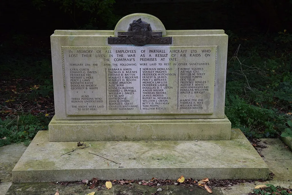 Monument in the parish churchyard of St Mary the Virgin, Yate, Gloucestershire, to employees of the Parnall Aircraft Works who were killed in air raids on 27 February and 7 March 1941