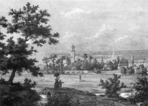 "Jakobskirche und Schönhof" in Frankfurt-Bockenheim; by Hans Völkers, ca. 1855