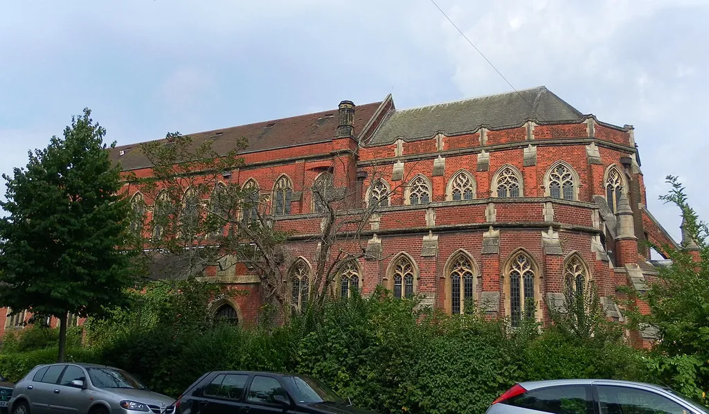 South elevation of St Augustine's Church, Stanford Avenue, Preston Park, City of Brighton and Hove, England. Built in 1896 and extended in 1914, but closed in 2002. Listed at Grade II by English Heritage (NHLE Code 1380950)