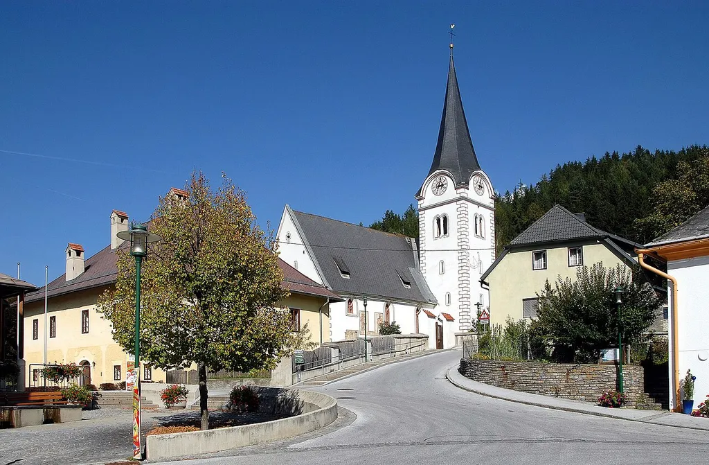 Parish church Saint Paul and main square, municipality Klein Sankt Paul, district Sankt Veit an der Glan, Carinthia / Austria / EU
