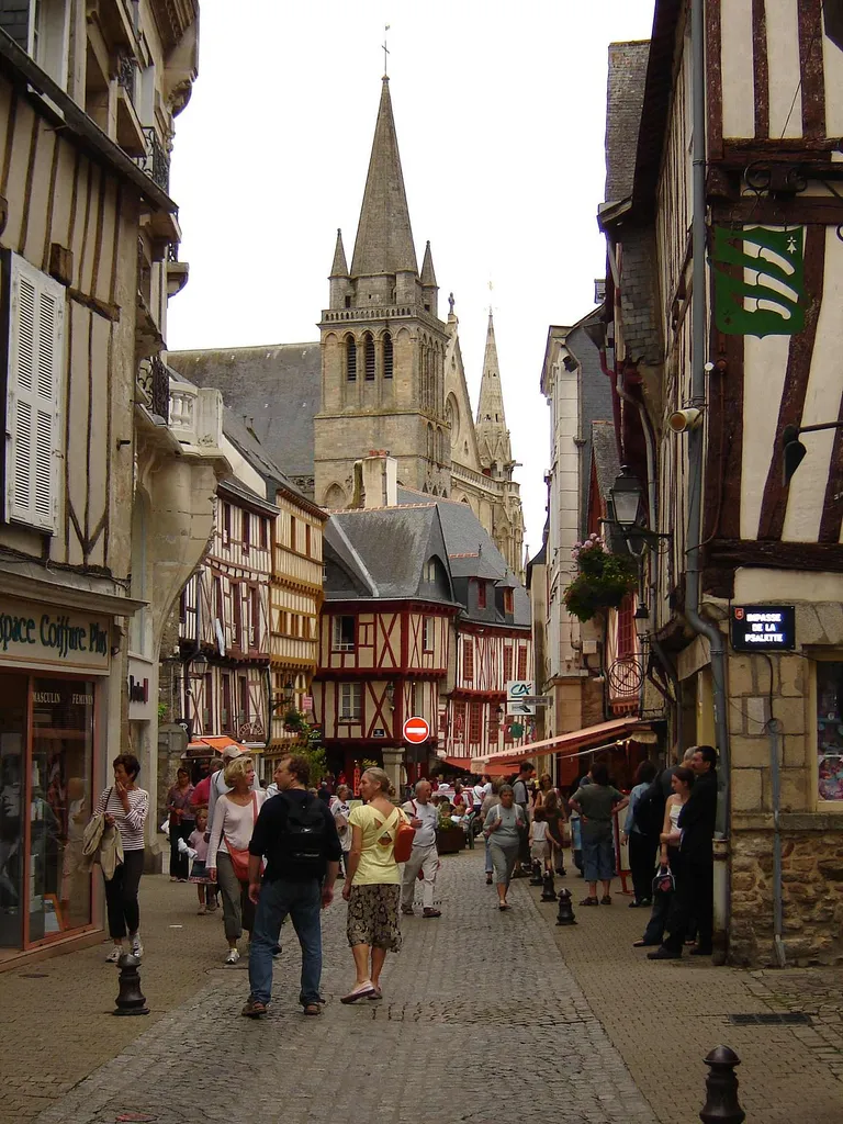 Vannes, Morbihan, Bretagne, France. City centre with traditional buildings, narrow streets and cathedral.