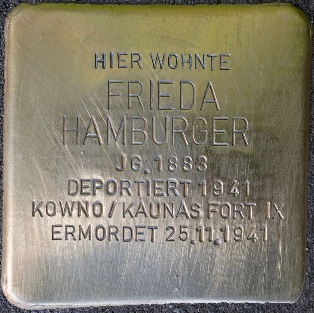 Stumbling stone for Frieda Hamburger at Herzog-Wilhelm-Straße 5, Munich. Stumbling stones commemorate the victims of the Nazi regime.
