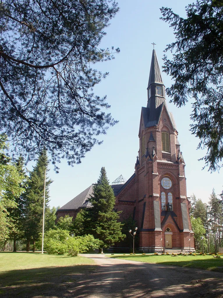 Rantasalmi church in Rantasalmi, Finland. The church was designed by Josef Stenbäck and completed in 1904. The church burned in 1984. The walls were spared, and the church was rebuilt according to the plans by Carl-Johan Slotte, and completed in 1989.