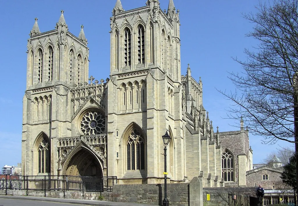 The west front entrance of Bristol Cathedral in Bristol, England, UK.
