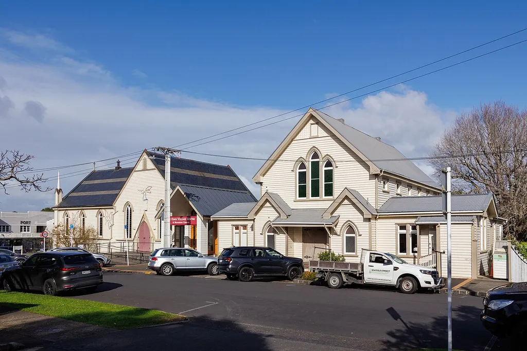Mount Eden Village Centre and Methodist Church in Mount Eden, Auckland, viewed from the right.