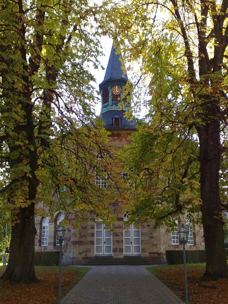The Protestant Church (Evangelische Kirche), Bischmisheim, built in 1824 by Karl Friedrich Schinkel, radiating symmetrical eight-sidedness ever since. More information and comments at Phone Cam 365: 2009-10-25.