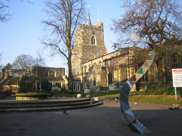 South side of St. Mary's Church, viewed from the High Street, Watford, Hertfordshire, UK.