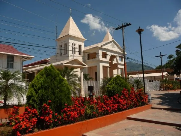 Our Lady of Mercy Cathedral front of the Central Park in El Progreso, Honduras