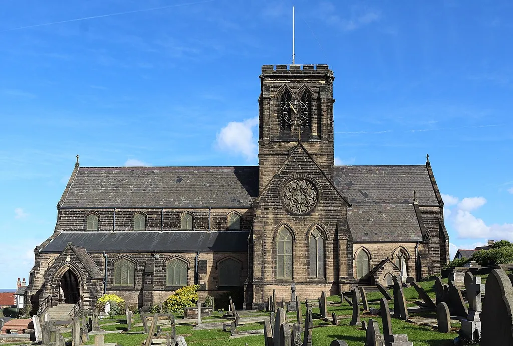 Grade II listed church in Wallasey, Merseyside. View north from the wall of the churchyard.