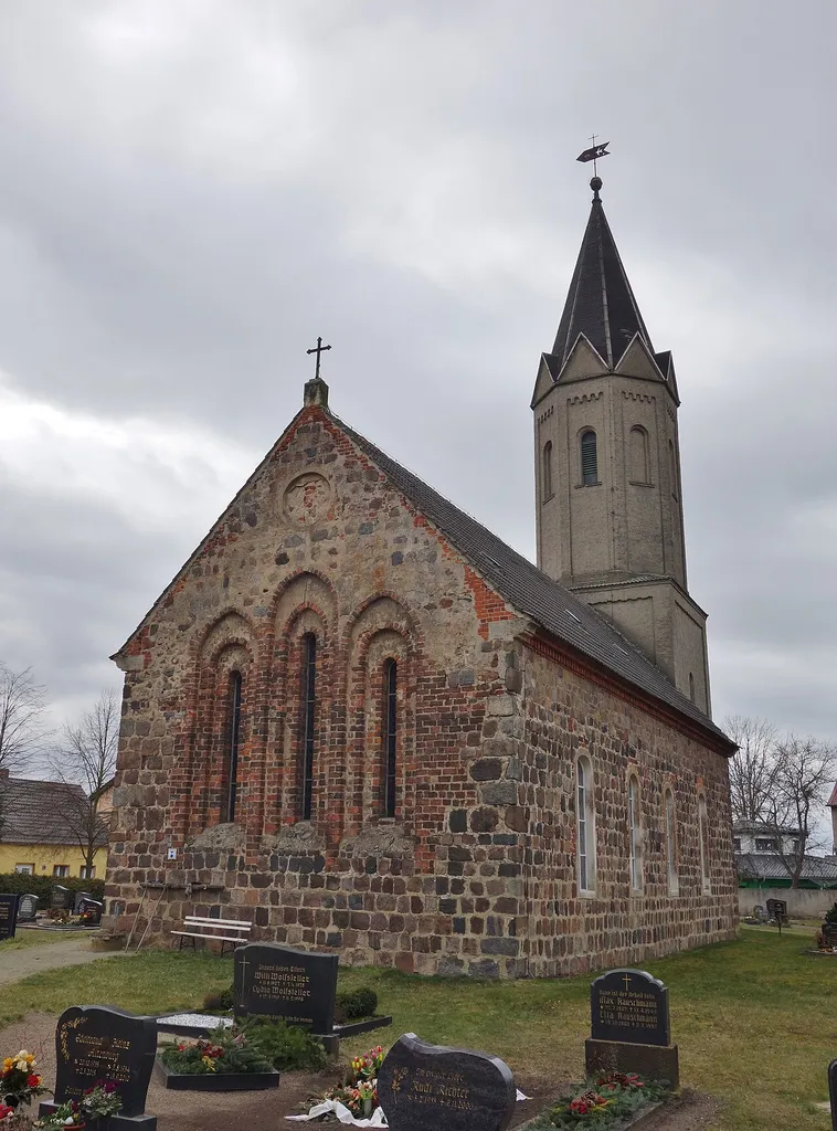 East-north-eastern view of the church in Dubro , Schönewalde municipality , Elbe-Elster district, Brandenburg state, Germany.