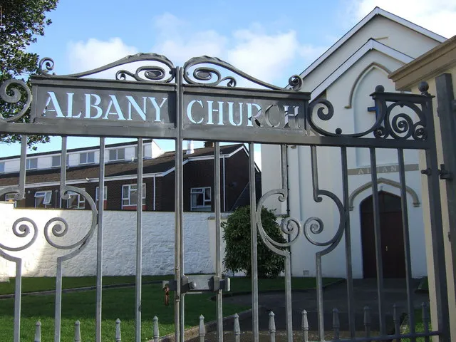 Albany Church gates in Hill Street This is the 1842 addition to the old chapel at the back in St Thomas Green. There is also a later schoolroom alongside. The modern housing that can be seen behind also faces the Green.