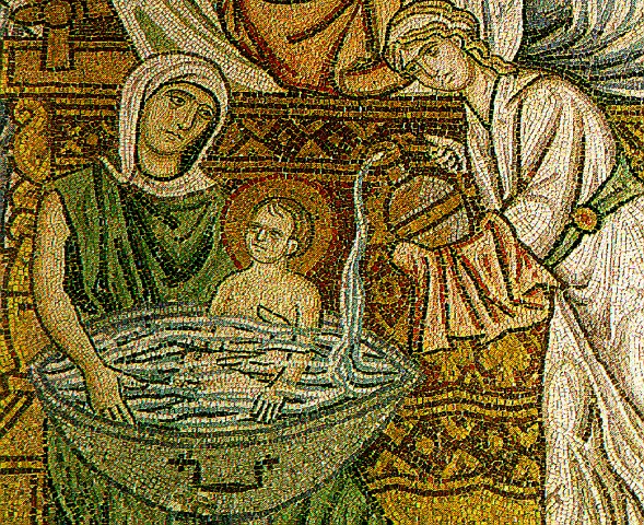 A mosaic from Daphni Monastery in Greece (ca. 1100), showing the midwives bathing the new-born Virgin Mary.