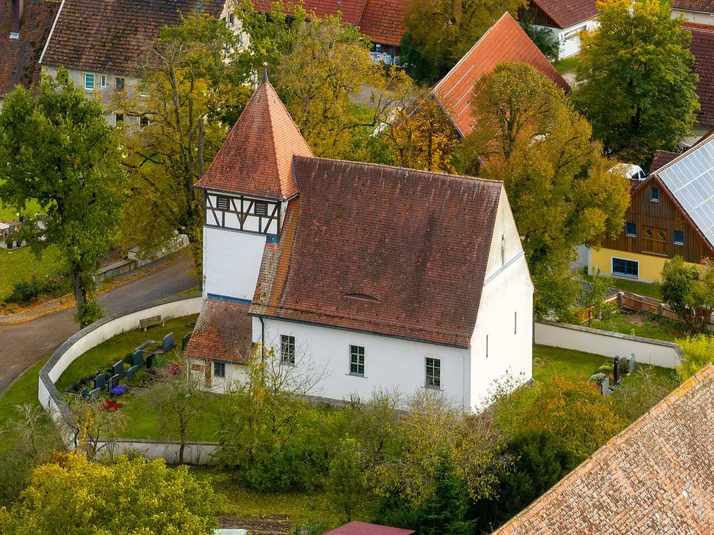 The Evangelical Lutheran branch church of St. Katharina in Pretzdorf, aerial view
