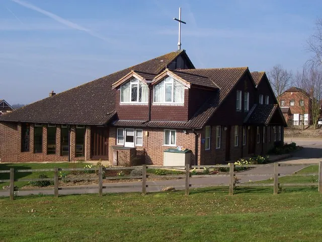 The Catholic Church of St Peter, Bearsted On Button Lane. The green in front of the church is part of a local recreational green, with a footpath that leads down to the River Len.