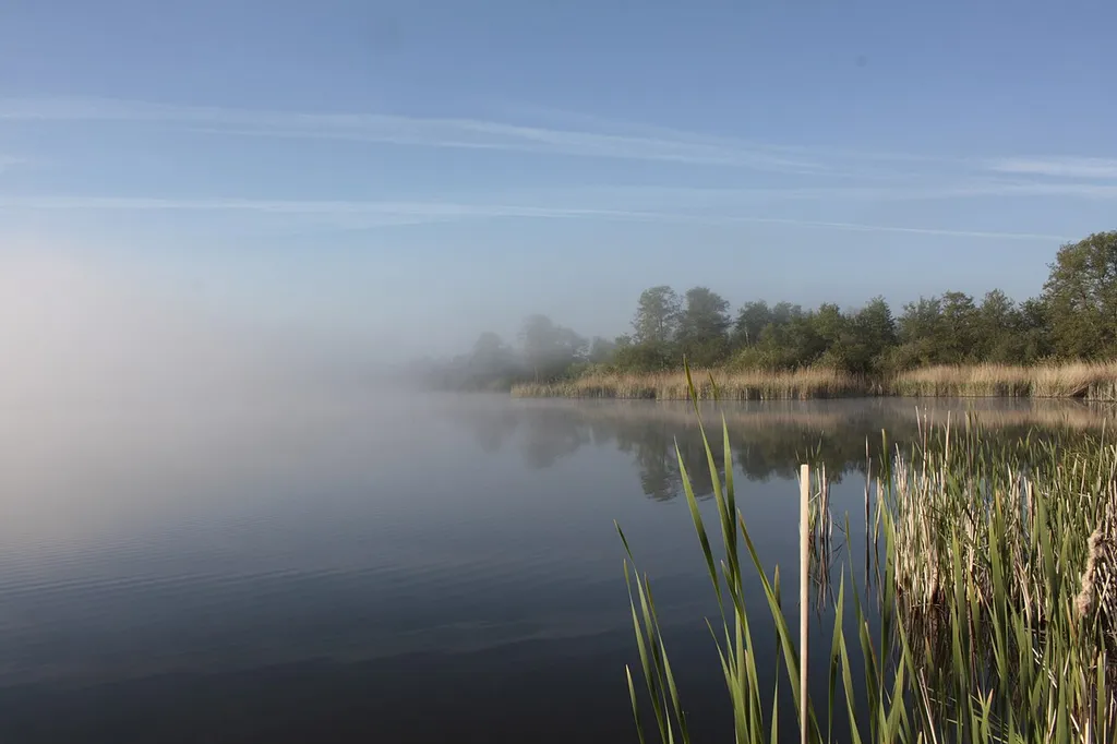 sich zurückziehende morgendliche Nebelwand am Schwaaner Torfloch