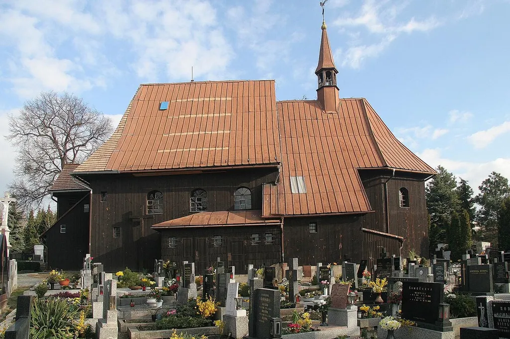 Dřevěný barokní kostel svatého Petra a Pavla ve Hněvošicích, district Opava, Czech Republic