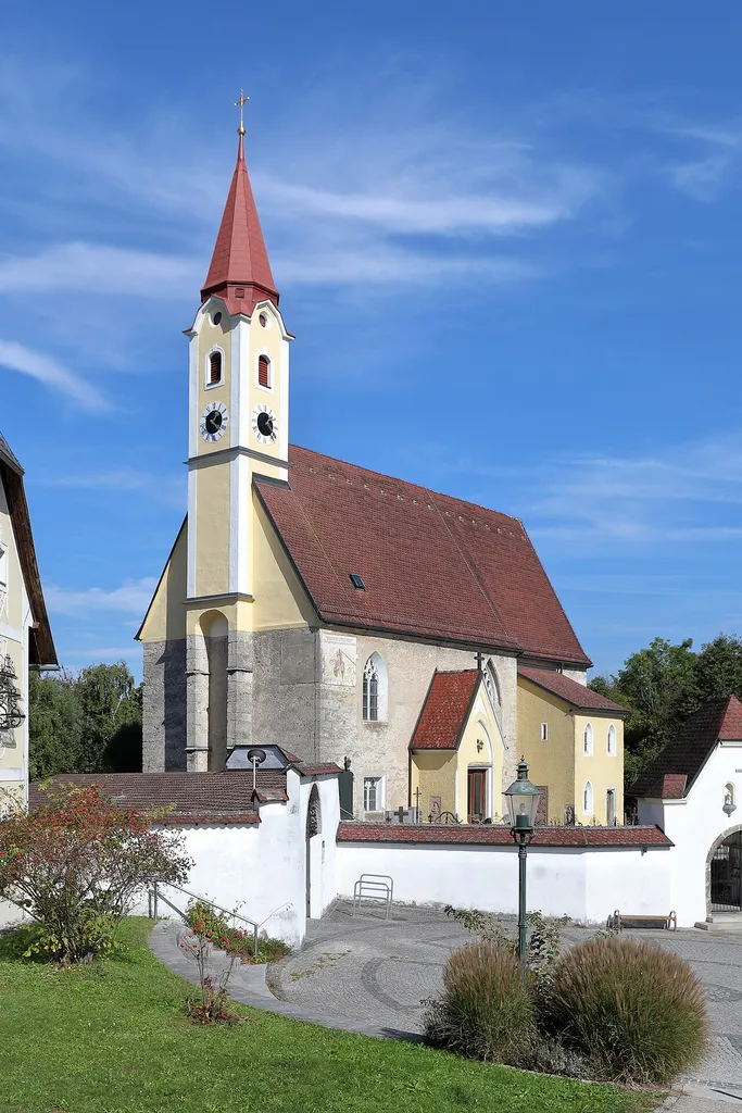Southwest view of the parish church of Schleißheim in Upper Austria.