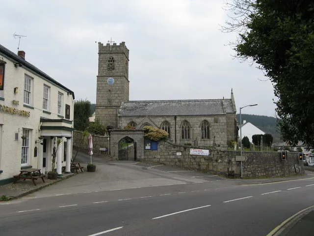 Church of St. Blaise, St. Blazey, Cornwall. This church, built in 1842, stands in a prominent position on the north side of the A390 opposite the junction with Station Road. The 'Cornish Arms' is seen to the left.
