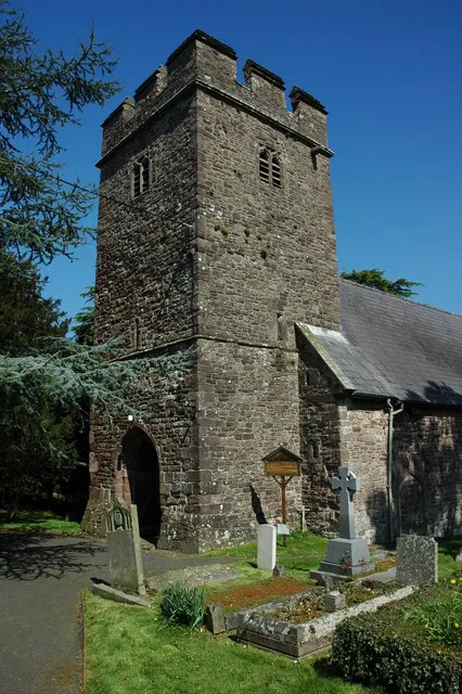Llangybi Church The tower of St Cybi's church, Llangybi.