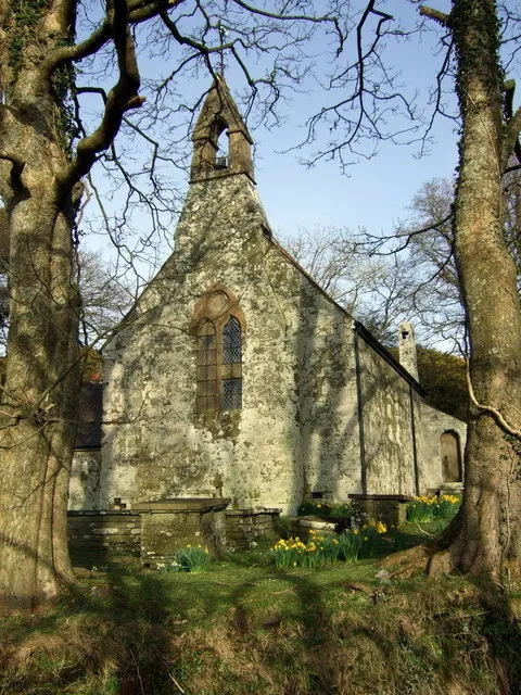 Eglwys Wythwr/Monington church The Welsh name means 'church of 8 men' apparently the number of freeholders there were when it was originally established. This Victorian rebuilding (R.J.Withers 1860) looks ancient and has a lovely setting among beech trees on the valley side.