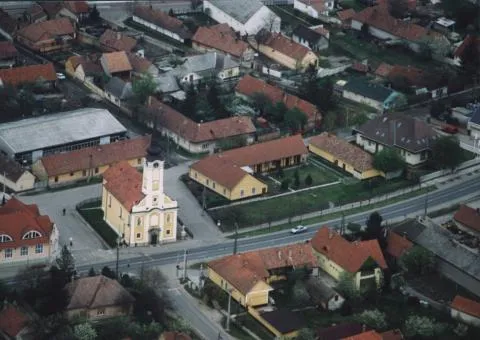 Alsónémedi, bird's view of the town and Roman Catholic Church.