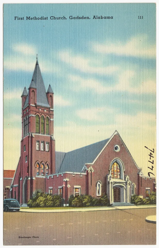 File name: 06_10_012877 Title: First Methodist Church, Gadsden, Alabama Created/Published: Date issued: 1930 - 1945 (approximate) Physical description: 1 print (postcard) : linen texture, color ; 5 1/2 x 3 1/2 in. Genre: Postcards Subject: Churches Notes: Title from item. Collection: The Tichnor Brothers Collection Location: Boston Public Library, Print Department Rights: No known restrictions