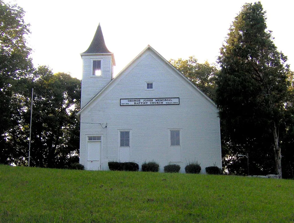 The George Jones Memorial Baptist Church, built in 1901 by the residents of the now-defunct community of Wheat, Tennessee, in the southeastern United States. Wheat was one of the communities displaced in the 1940s when the U.S. government initiated construction of Oak Ridge as part of the Manhattan Project.