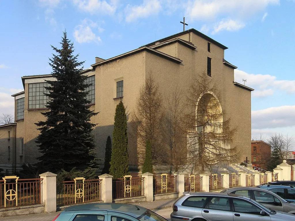 The Roman Catholic Holy Trinity church in Piekary Śląskie-Szarlej, Franciszka Żwirki street, Poland. Project by Zygmunt Gawlik, cultural heritage monument.