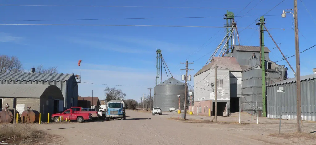 Downtown St. Libory, Nebraska: camera is facing north-northwest up Spruce Street from about B Street.