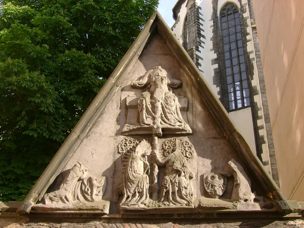 Church of Our Lady of the Snow – detail of western gate. It is located on Jungmann Square in New Town of Prague, Czech Republic.