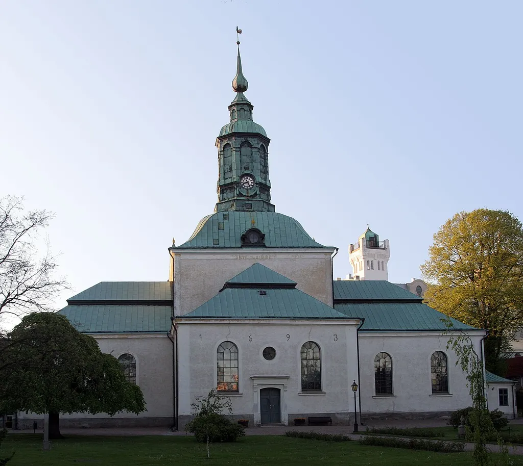 Carl Gustafs kyrka in Karlshamn, Sweden. The image has been assembled from two photos to allow the full building to appear in the picture despite the lack of a wide-angle lens at the time the picture was taken.