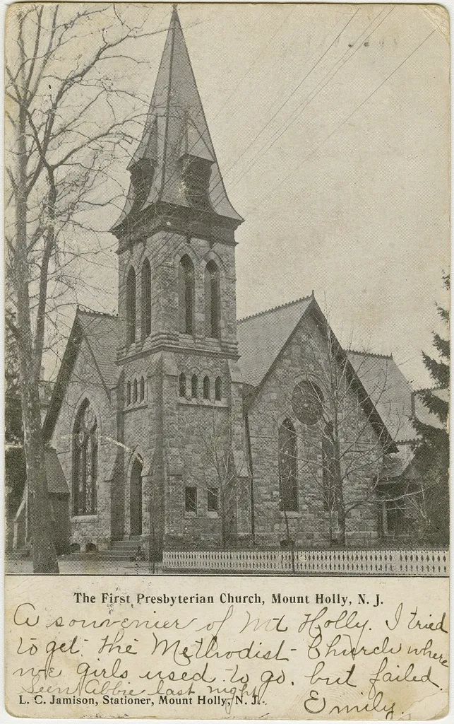 First Presbyterian Church in Mt. Holly, New Jersey from a pre-1923 postcard From RG 428, Postcard Collection, Presbyterian Historical Society, Philadelphia, Pennsylvania.