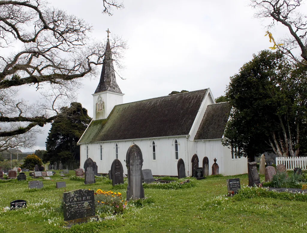 Historic St John the Baptist Church at Waimate North, New Zealand. Some of the combatants who died at the Battle Of Ohaeawai in 1845 are buried in this churchyard.
