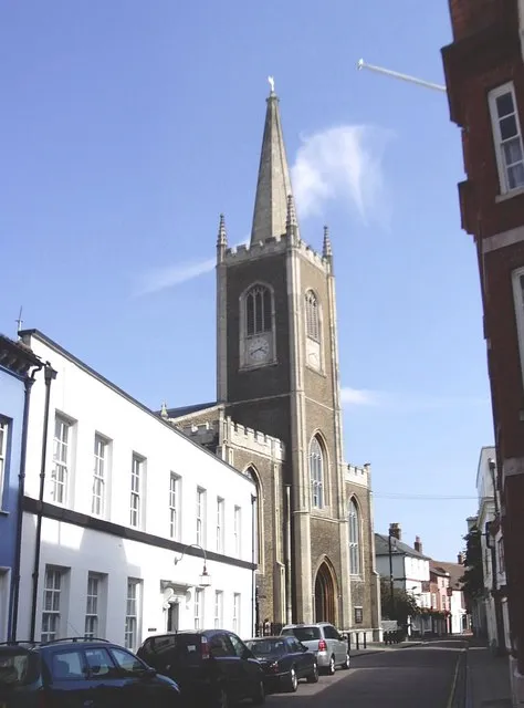 View southeast along Church Street, Harwich, Essex, to St Nicholas' parish church. The white building on the left is the Three Cups Hotel.
