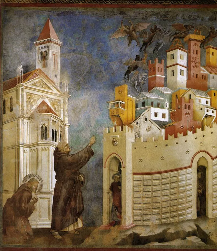 Francesco d'Assisi practices an exorcism against the devils of Arezzo; Giotto's fresco in the Church of Saint Francis, Assisi / Giotto began his apprenticeship with Cimabue between the ages of ten and fourteen. A trip to Rome probably completed the young painter's training, after which he followed his teacher to what was at the time the largest "building site" in Italy, the Church of St. Francis in Assisi. There, Cimabue was in charge of the decoration of the newly erected High Church. When he left Assisi to fulfill other duties, several of his aides and officers, including Giotto, were left behind. At the same time, the Roman painters, led by Jacopo Torriti, arrived in Assisi, so several study groups were then working together. Not long after, Giotto became the independent leader of a workshop, and the Franciscan order assigned him the task of continuing with the decoration.