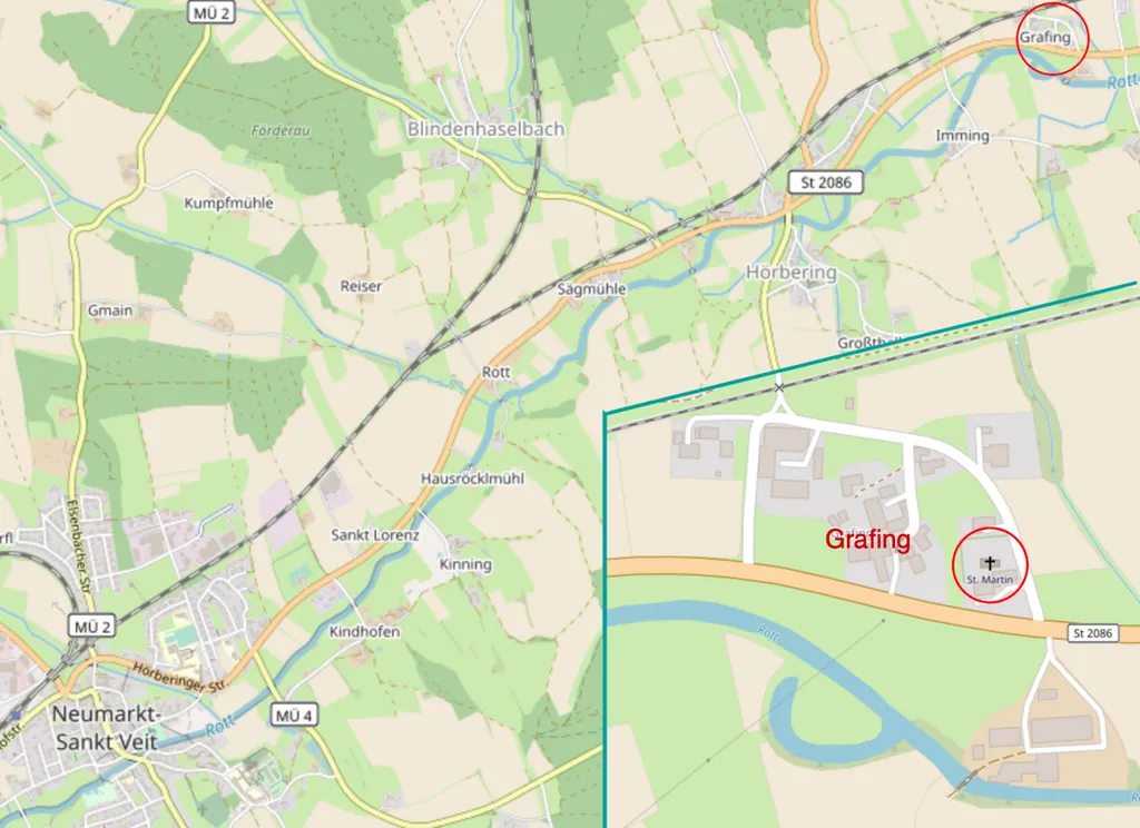Lage des Weilers Grafing zur Kernstadt Neumarkt-Sankt Veit und Lage der Martinskirche im Weiler Grafing