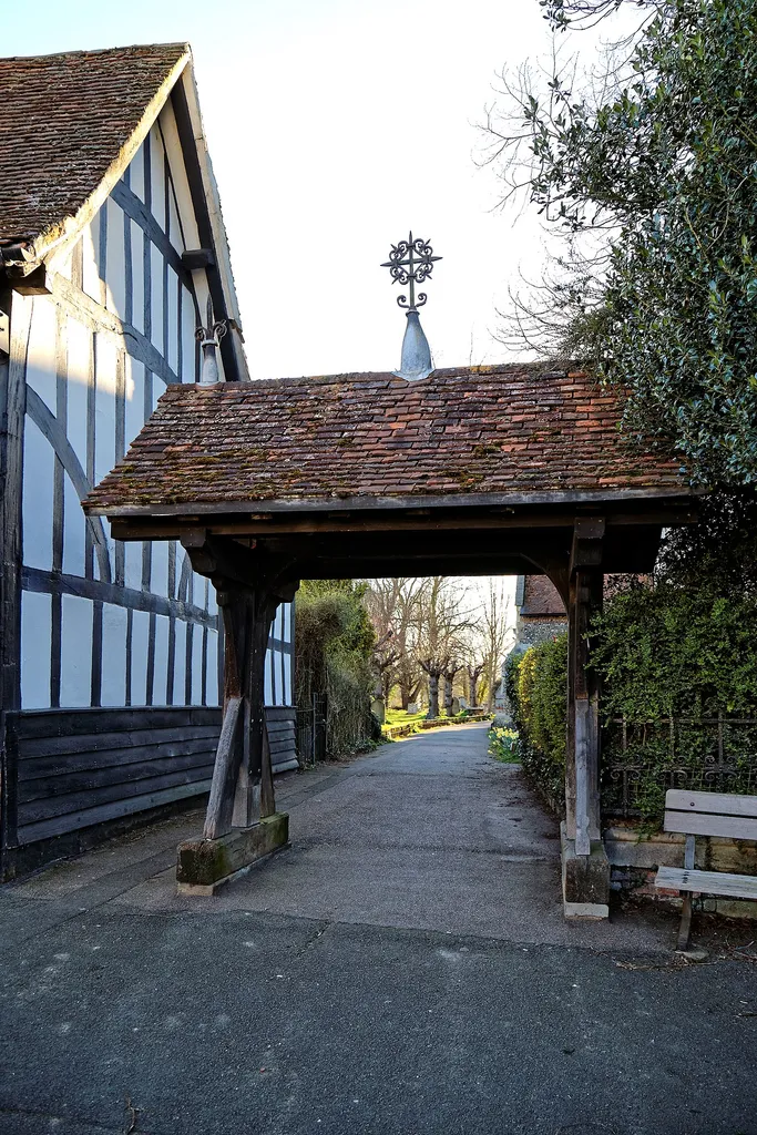 Lychgate for the Grade II listed parish Church of St Mary and St Hugh, on the main street of Churchgate Street, Harlow, Essex, England.Churchgate Street is an ancient village, which was in the old parish of Harlow, in Essex England. It lies within, and at the northwest of, today's town of Harlow, and conjoined to an area known as Old Harlow.Camera: Canon EOS 6D with Canon EF 24-105mm F4L IS USM lens.Software: large RAW file lens-corrected, optimized and downsized with DxO OpticsPro 11 Elite, Viewpoint 2, and Adobe Photoshop CS2.