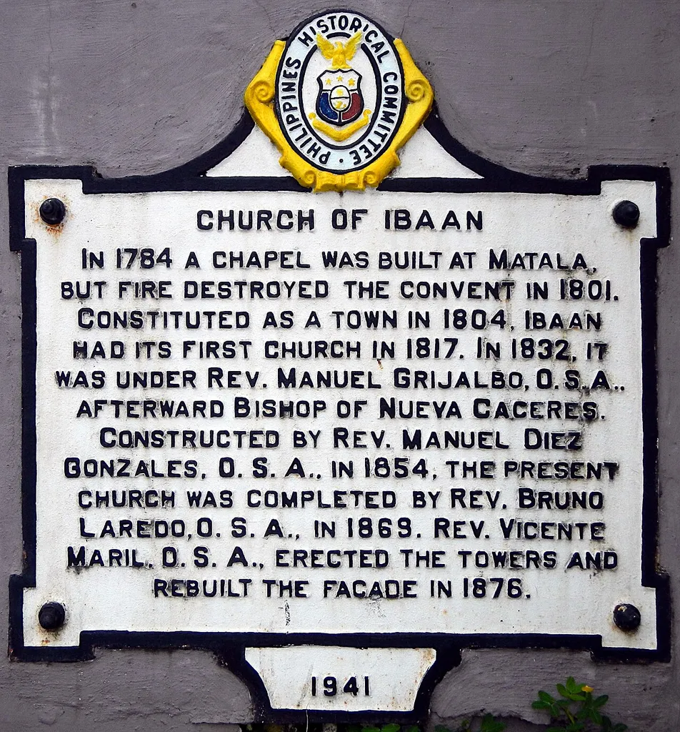 Historical Marker installed by the Philippines Historical Committee in 1941 to commemorate Ibaan Church or the Saint James the Greater Parish Church in Ibaan, Batangas