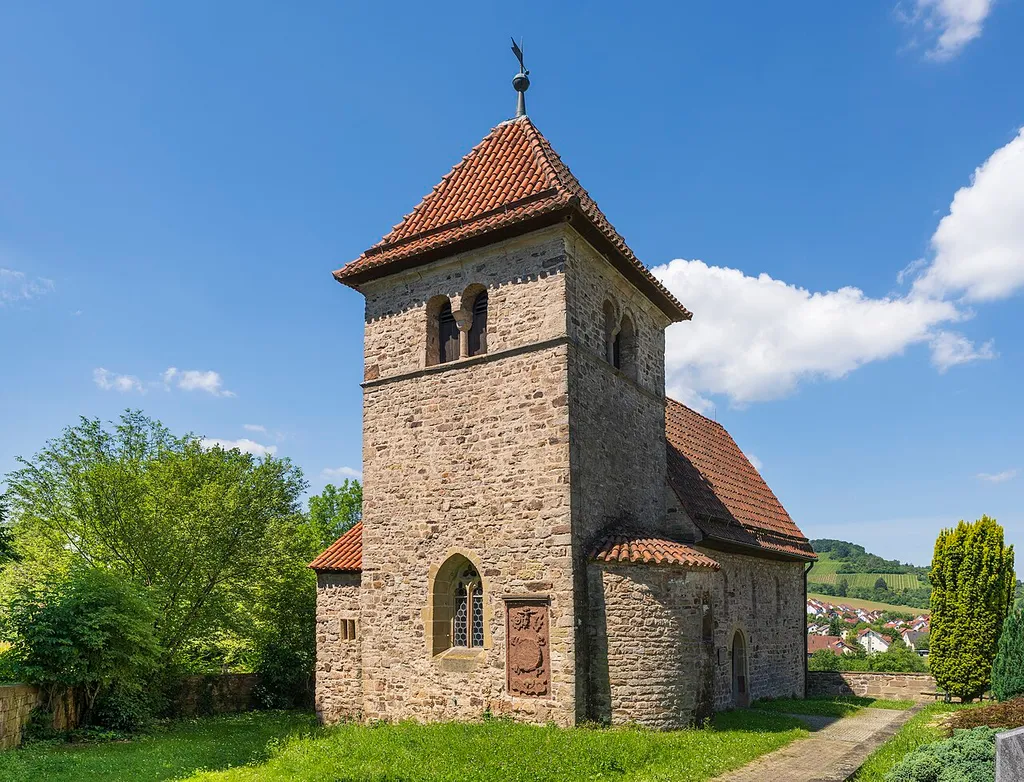 Oberstenfeld, Germany, Petersberg cemetery: the Romanesque Saint Peter church (11th century), view from the east.NB: The walls of this old church are leaning and crooked in reality, so it’s unavoidable that they are leaning on the photo, too.