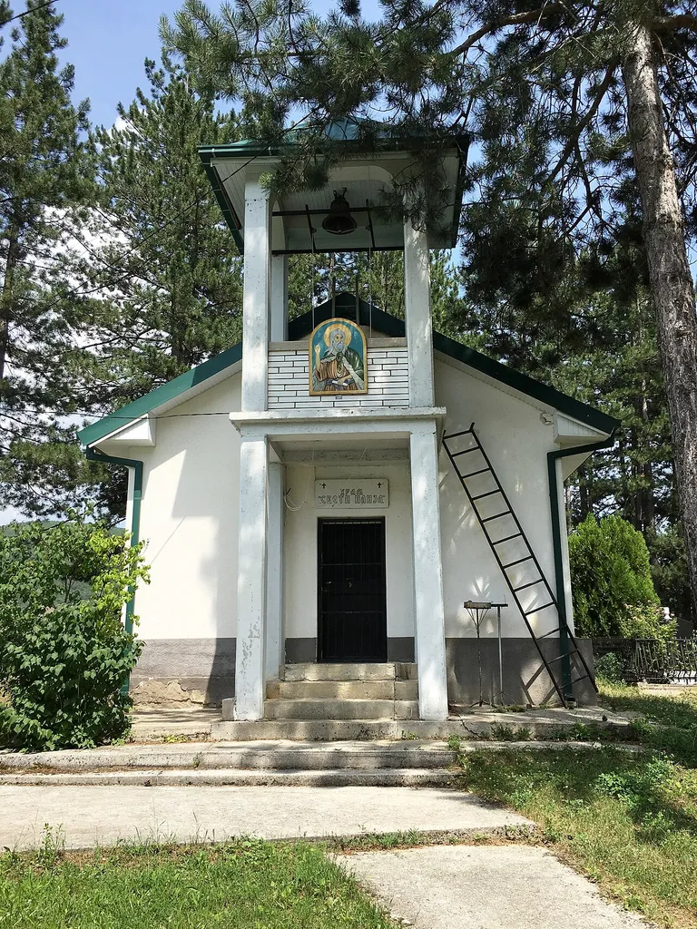 The front view of the St. Elijah Church with the bell tower in the village of Slansko