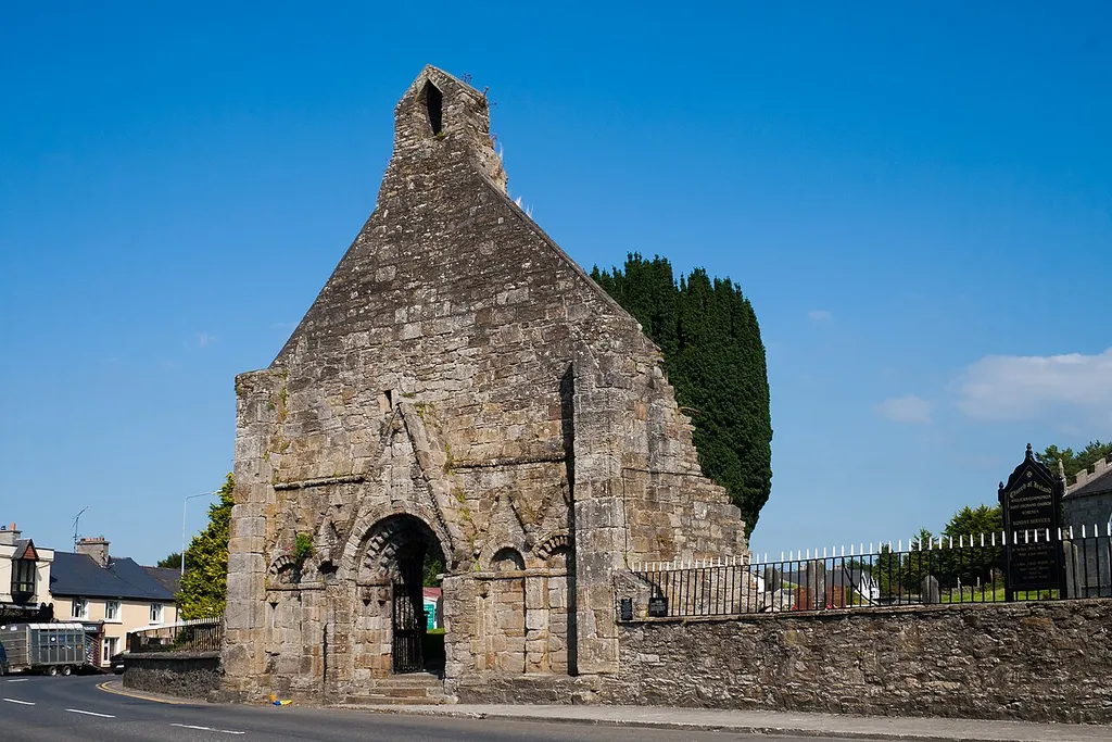 Surviving west gable of the 12th-century Romanesque church in Roscrea. This church was in use until 1812 when most of it was demolished with the exception of this gable. It serves now as gate to the Church of Ireland parish church. (See entry 1843 in Jean Farrelly and Caimin O'Brien: Archaeological Inventory of County Tipperary: Vol. I – North Tipperary, ISBN 0-7557-1264-1.)