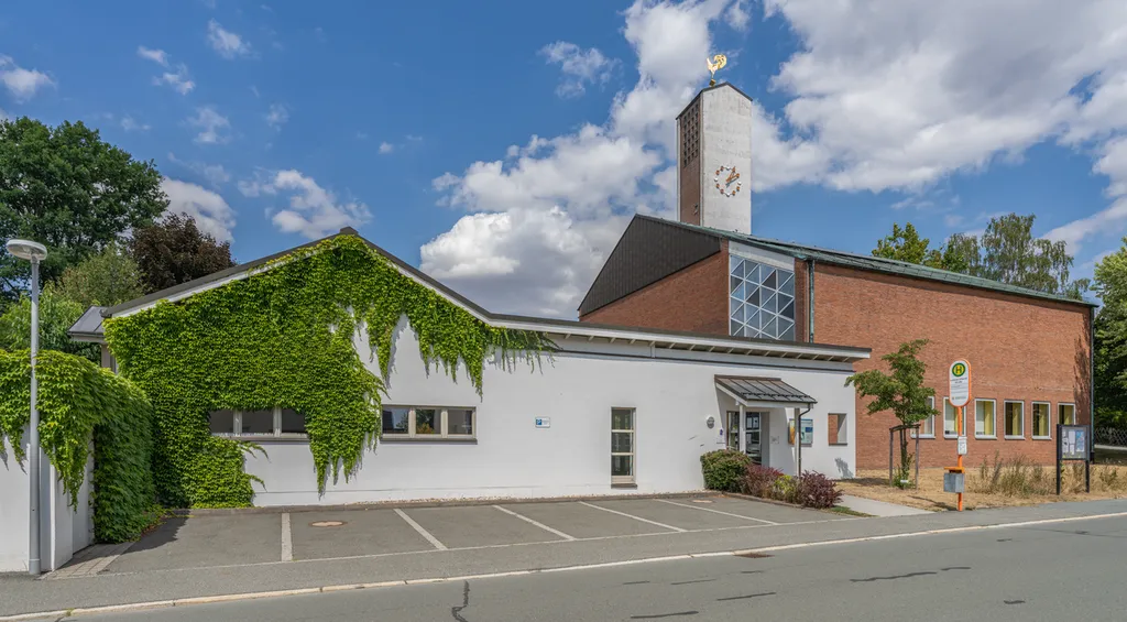 View of Trinity Church Hof with community hall on the left.