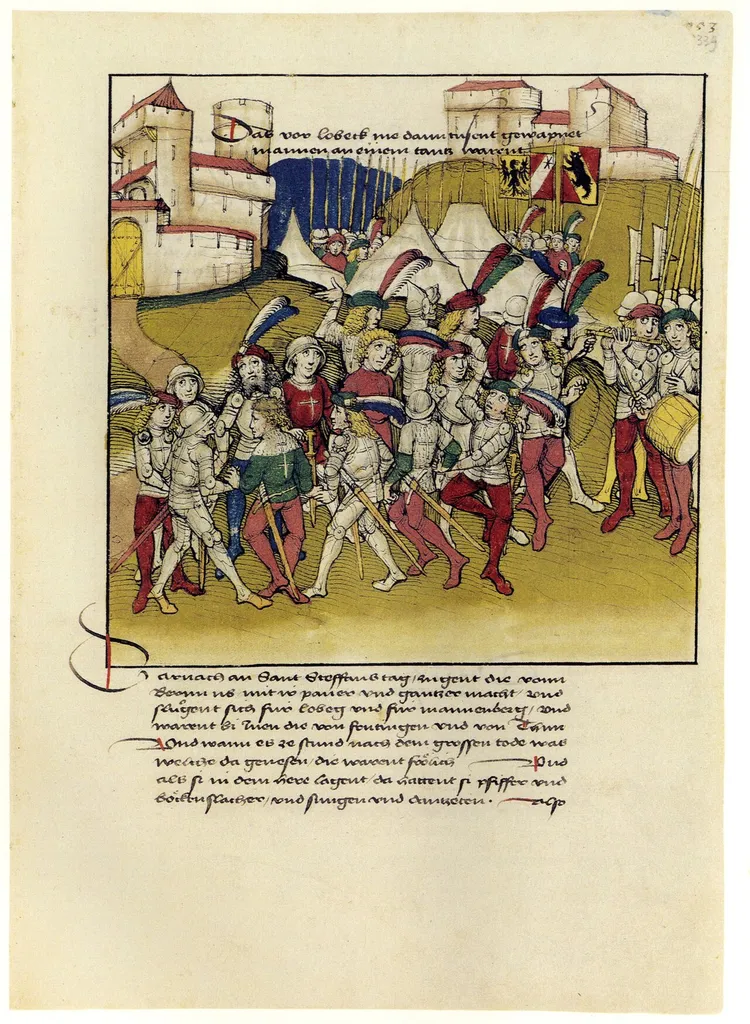 Die Schweiz im MIttelalter – Belagerung der Burgen Laubegg und Mannenberg durch die Berner 1349 – in Diebold Schillings Spiezer Chronik, Studienausgabe, Faksimile der Handschrift Mss. hist. helv. I. 16 der Burgerbibilothek Bern, hrsg. von Hans Haeberli und Christoph von Steiger, Luzern: Faksimile Verlag, 1991.