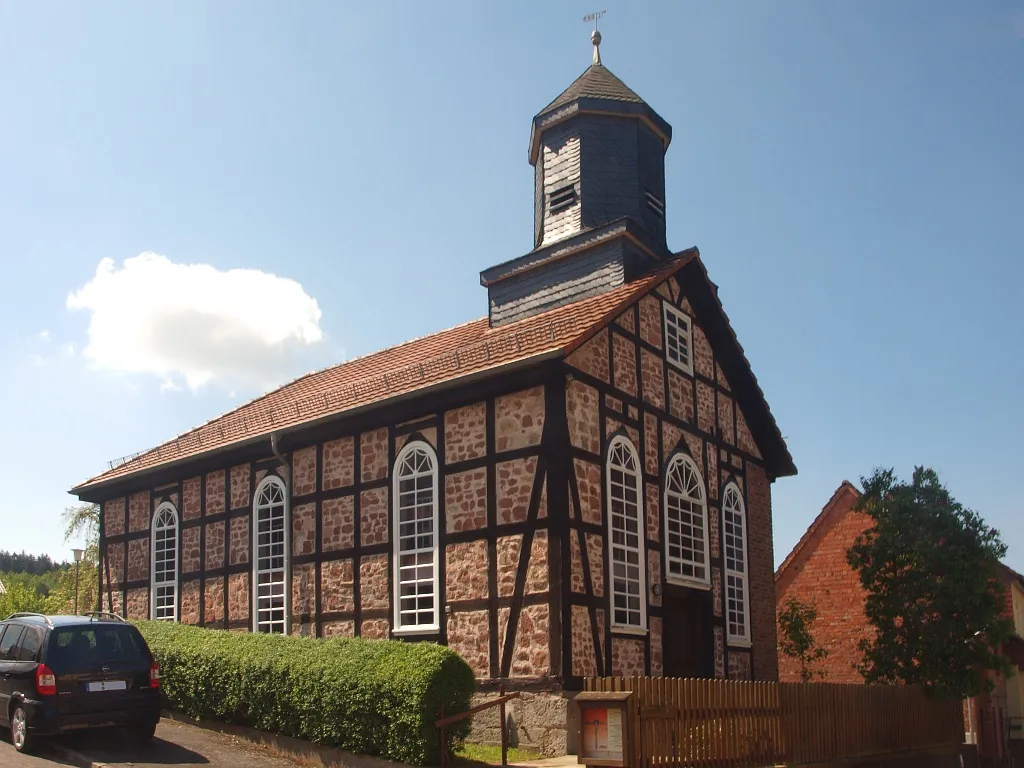 bricked half-timbered church in Ronshausen-Machtlos, inaugurated in 19th of October 1851