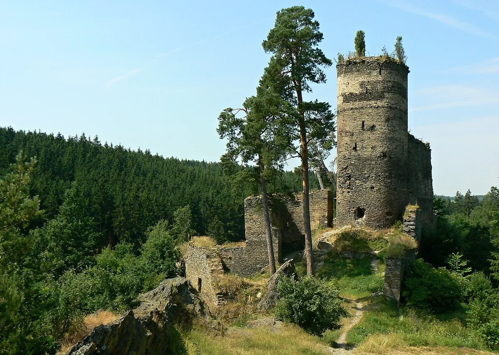 Ruins of the Gutštejn Castle between villages Okrouhlé Hradiště, Bezemín and Mydlovary in Plzeň-North District